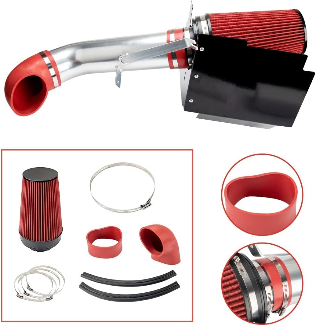 4" Cold Air Intake Kit Fit for Escalade 04-06,Sierra 1500/Silverado 2500 HD/Silverado 3500/Tahoe/Yukon XL 1500 05-06,Suburban/Avalanche 1500 06 Aluminum Tube w/Heat Shield Filter (Red)
