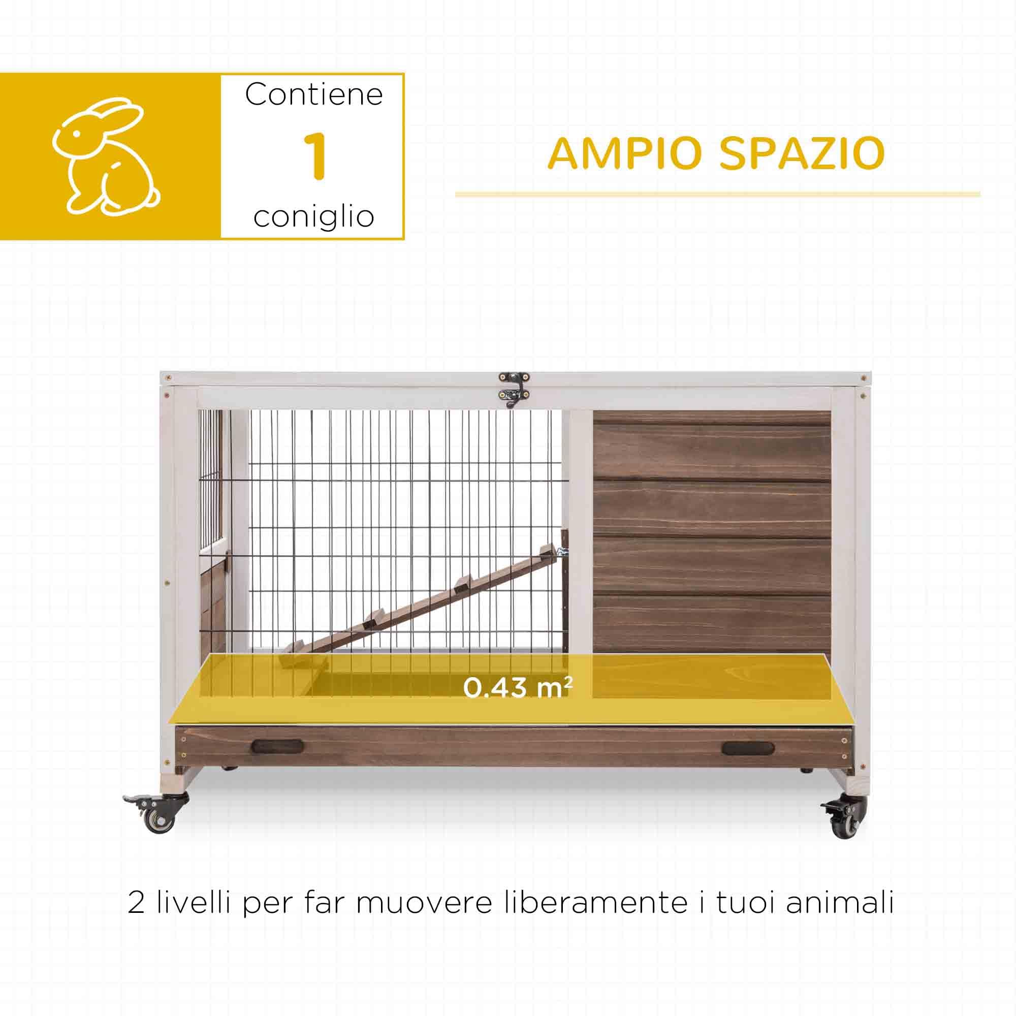 PawHut Gabbietta per Conigli e Porcellini d'India Conigliera con 4 Ruote, Casetta, Rampa e Vassoio Rimovibile, Legno Naturale, Marrone, 90x53x59cm