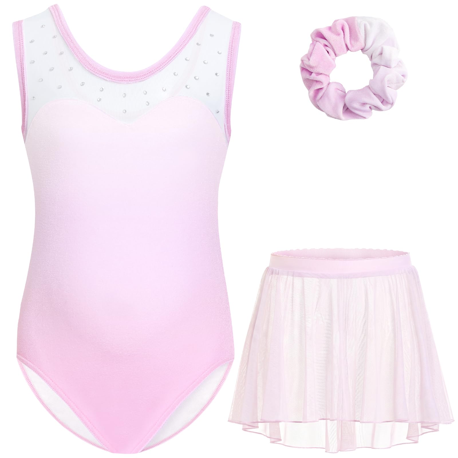 Gogokids Body da ginnastica da bambina, senza maniche, in velluto, per ginnastica, per bambini, con strass, set da 3 pezzi con body da ginnastica, gonna in chiffon e fascia per capelli, per età 3-11