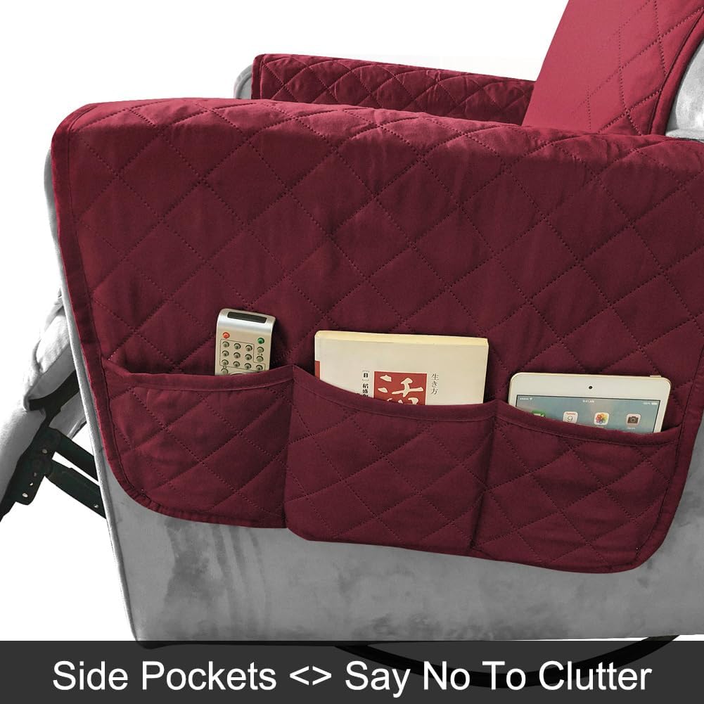 Recliner Chair Cover Pad, Waterproof Recliner Chair Covers with 6 Side Pockets, Washable Sofa Slipcovers Sofa Protectors with Adjustable Elastic Straps, Armchair Sofa Cushion,Burgundy,L