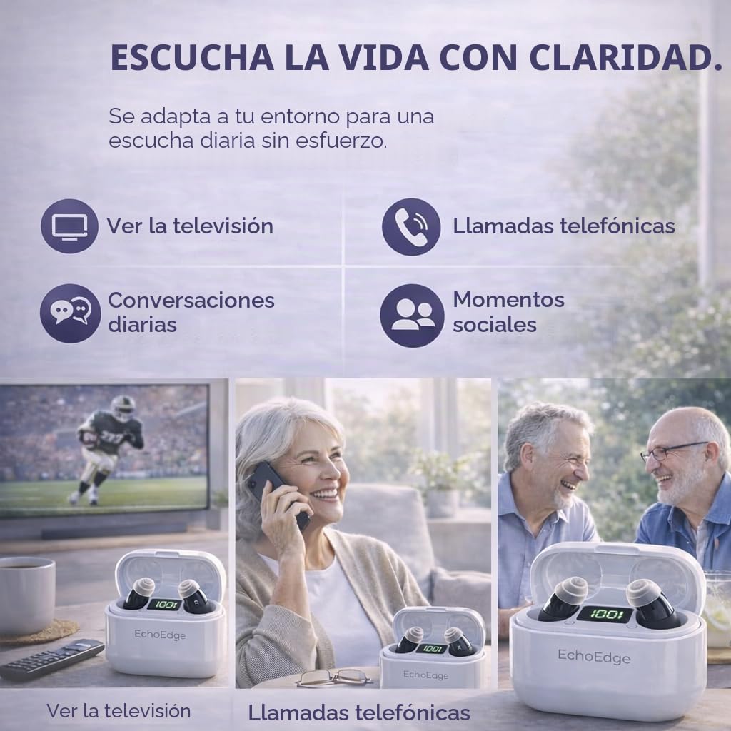 Audífonos recargables Echoedge: dispositivo de realce de voz, amplificador de audio personal con micrófono para mejor localización del sonido, asistencia para TV y conversación (2 piezas) (Negro)