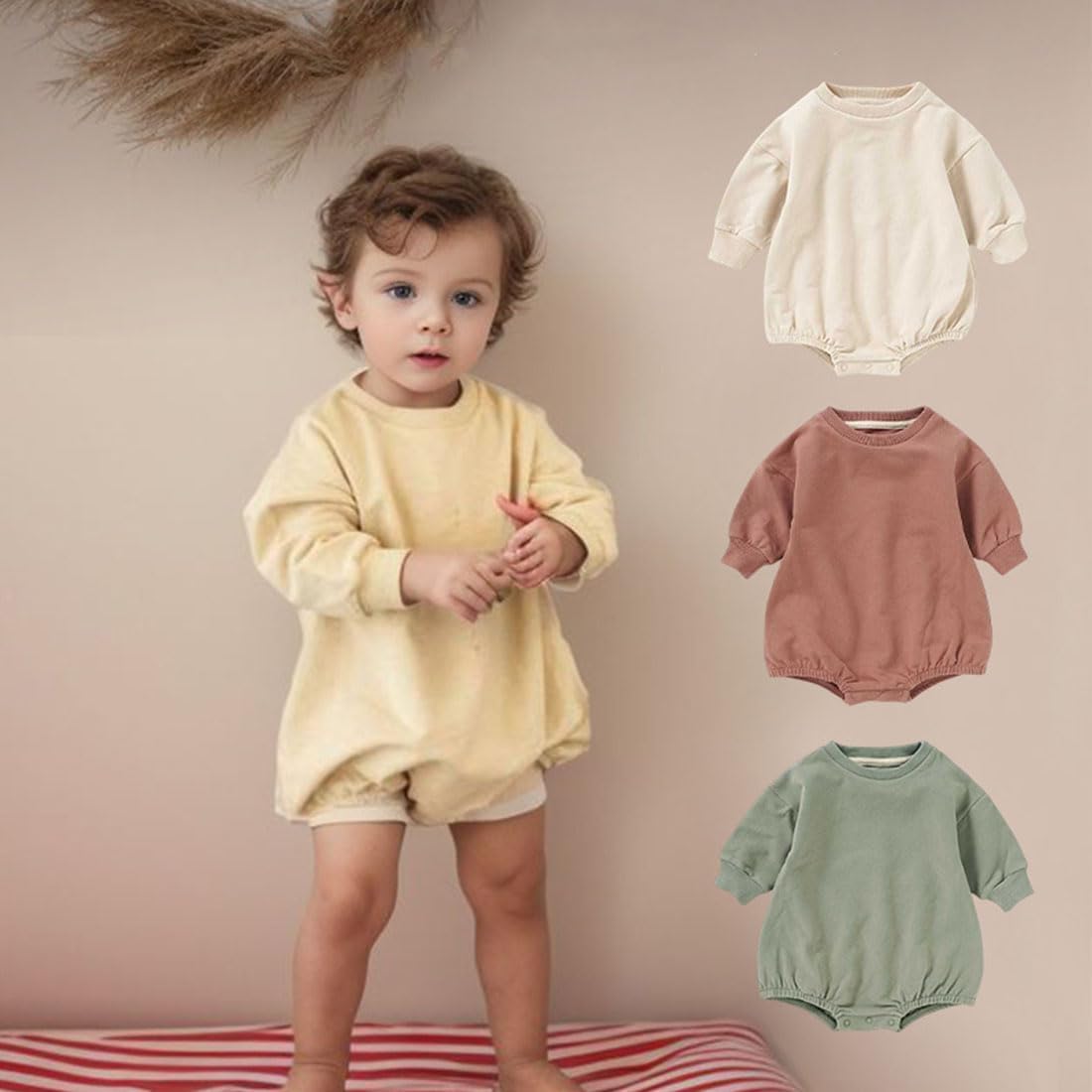 Baby Boy Bubble Romper Organic Cotton Solid Long Sleeve Oversized Sweatshirt Romper Newborn Fall Winter Clothes - Image 7