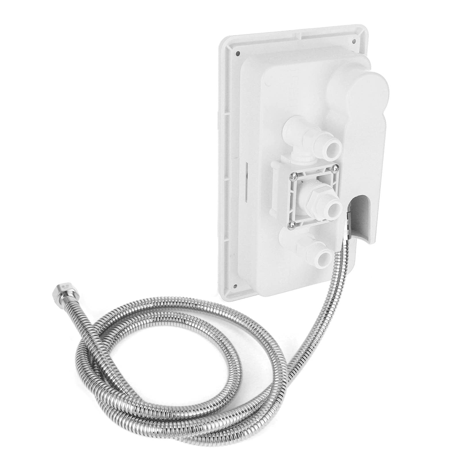 Caja de Ducha Exterior para Autocaravana – Válvula de Agua Fría y Caliente con Cabezal de Ducha y Manguera Metálica de 1.5m, Grifo para RV, Camper, Barco y Remolque