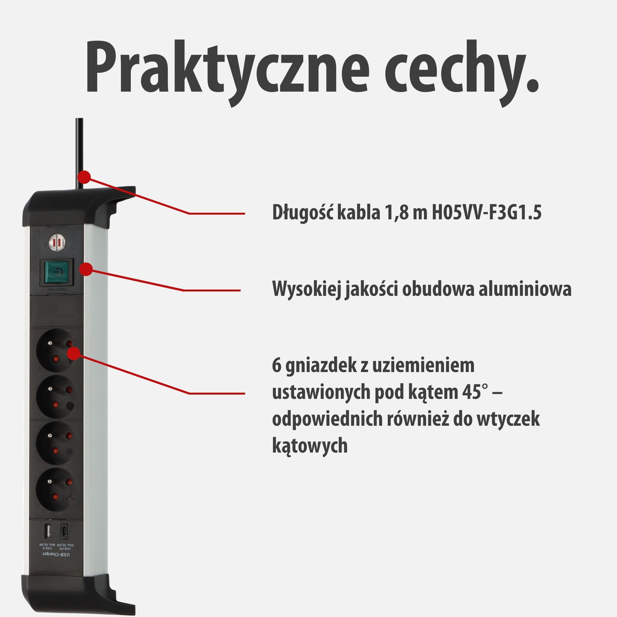 Brennenstuhl Alu-Office-Line Listwa zasilająca z 4 gniazdami i USB C PD 30W i USB A 18W (Made in Germany, gniazdo wielogniazdowe idealne do biura, kabel 1,8 m, z przełącznikiem)
