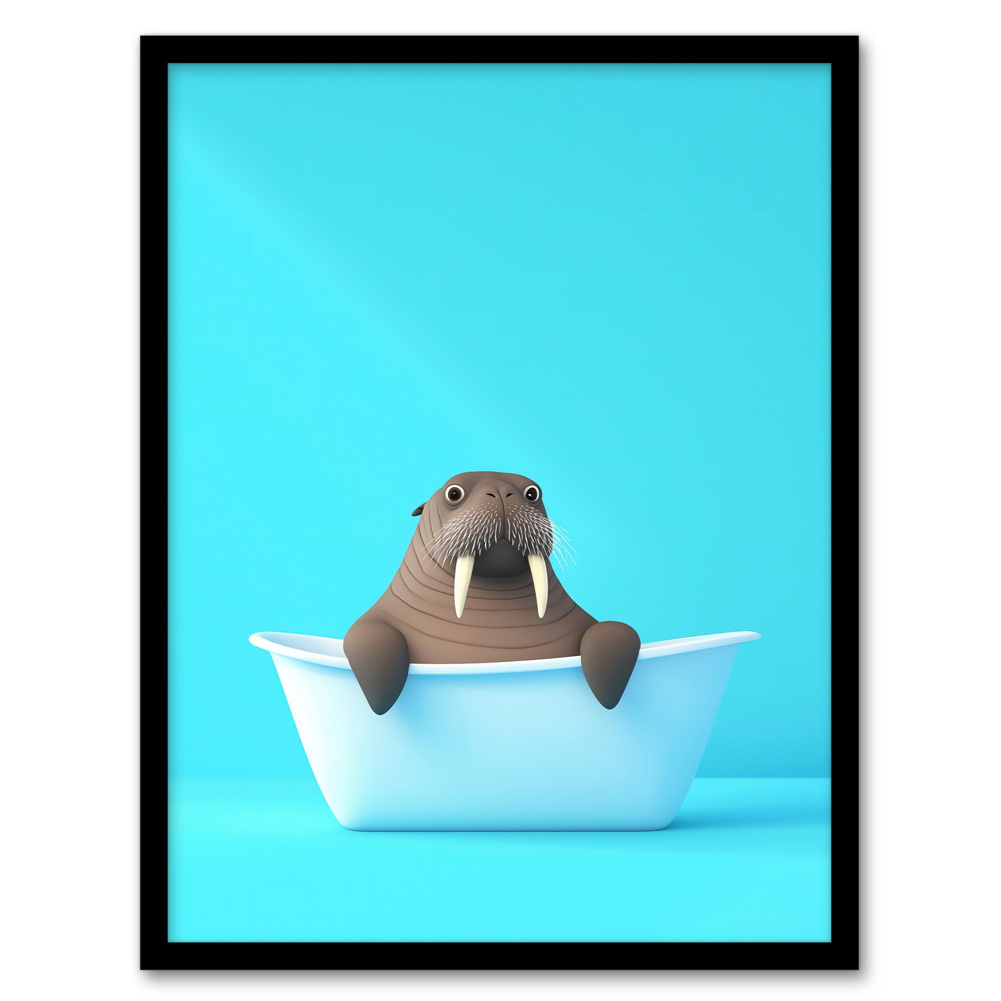 Artery8 Cute Cartoon Walrus in Bathtub Bath Time Vibrant Bathroom Toilet Artwork Framed Wall Art Print A4