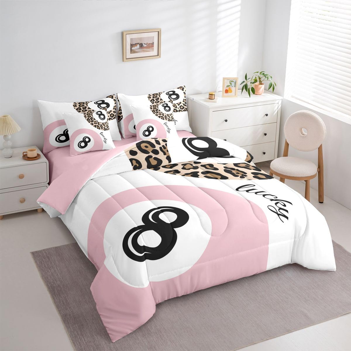 Funky Lucky 8 Ball Comforter Set 7 Piece Bed In A Bag Queen,Boys Girls Preppy Leopard Print Bedding Sets,Lucky 8 Ball Cheetah Comforter and Sheets Y2K Trendy Preppy Bed Set Room Decor Aesthetic