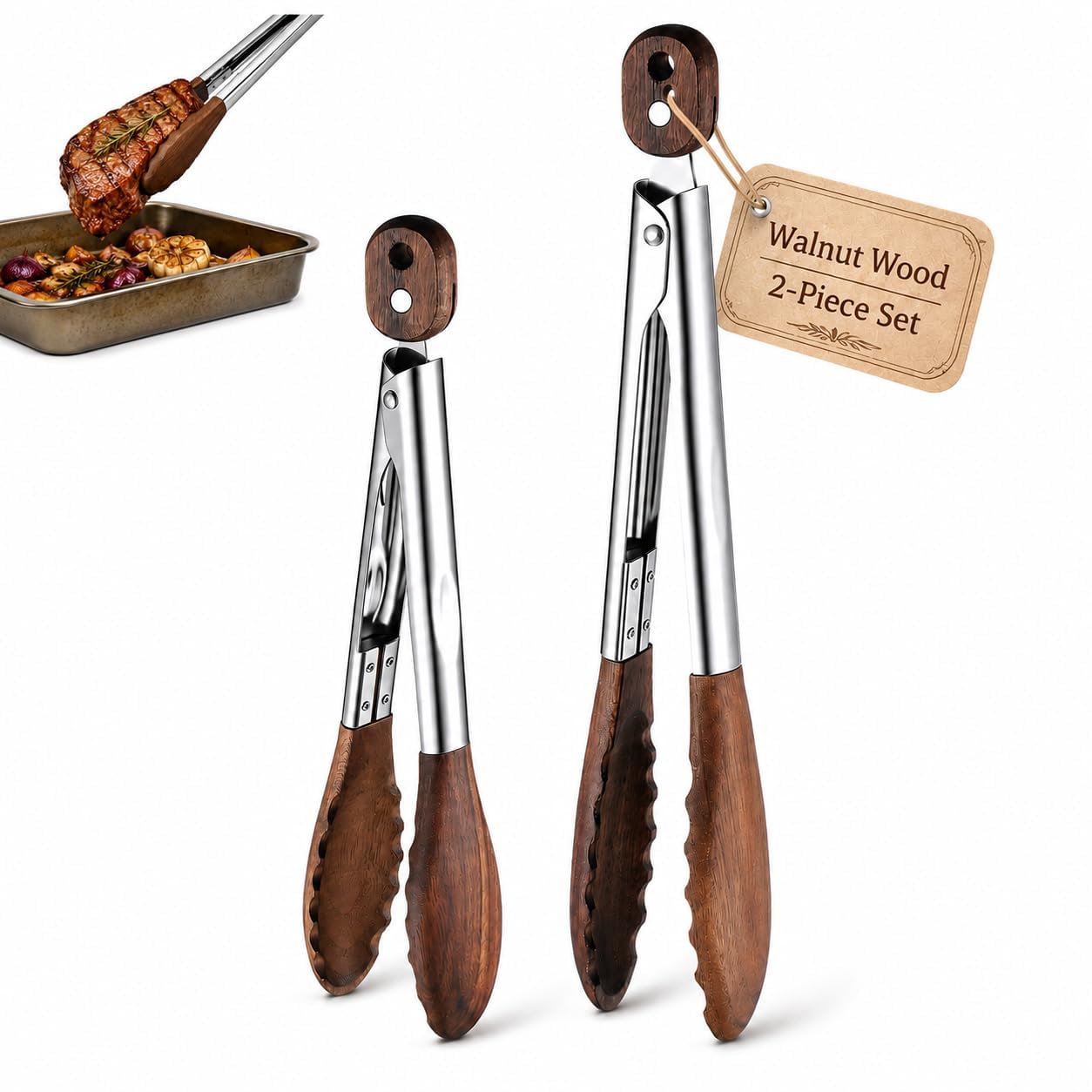 JOINPAYA Walnut Serving Tongs Set 2 Pcs Wooden Tongs for Cooking