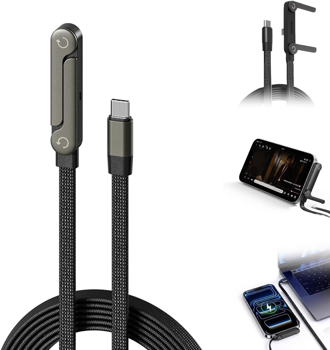 240W USB-C to USB-C Fast Charging Cable 1.5M length with Built-in 360° Folding Phone Stand, Invisible Metal Holder, PD 3.1 Braided Data Cord for iP... 16/15 P.Max,Galaxy S24, "MacBook, iPad, & Laptop