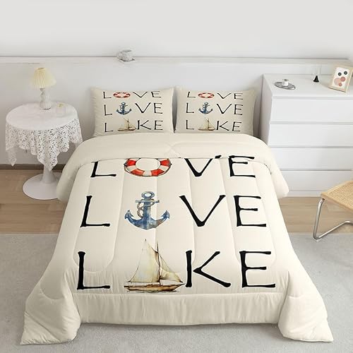 Miniatura 2 de Juego de edredón de casa del lago, tamaño individual, juego de ropa de cama con ancla náutica para niños, adolescentes y adultos, edredón retro de