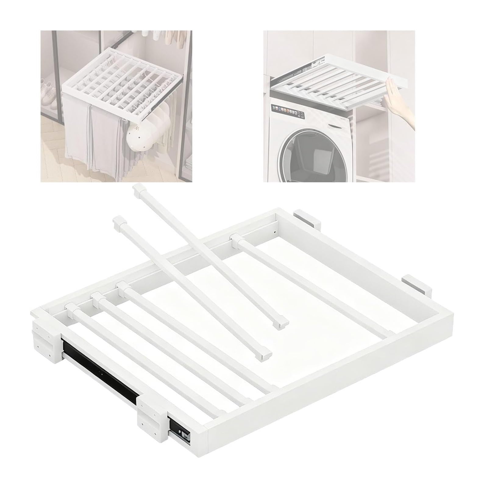 Ptrecniok Pull Out Drying Rack， Aluminum Alloy Trouser Rack Pull Out For Washing Machine Wardrobe White Multiple Sizes(D: 44cm (17.32in),W: 61 66cm(24.01 25.98 in))