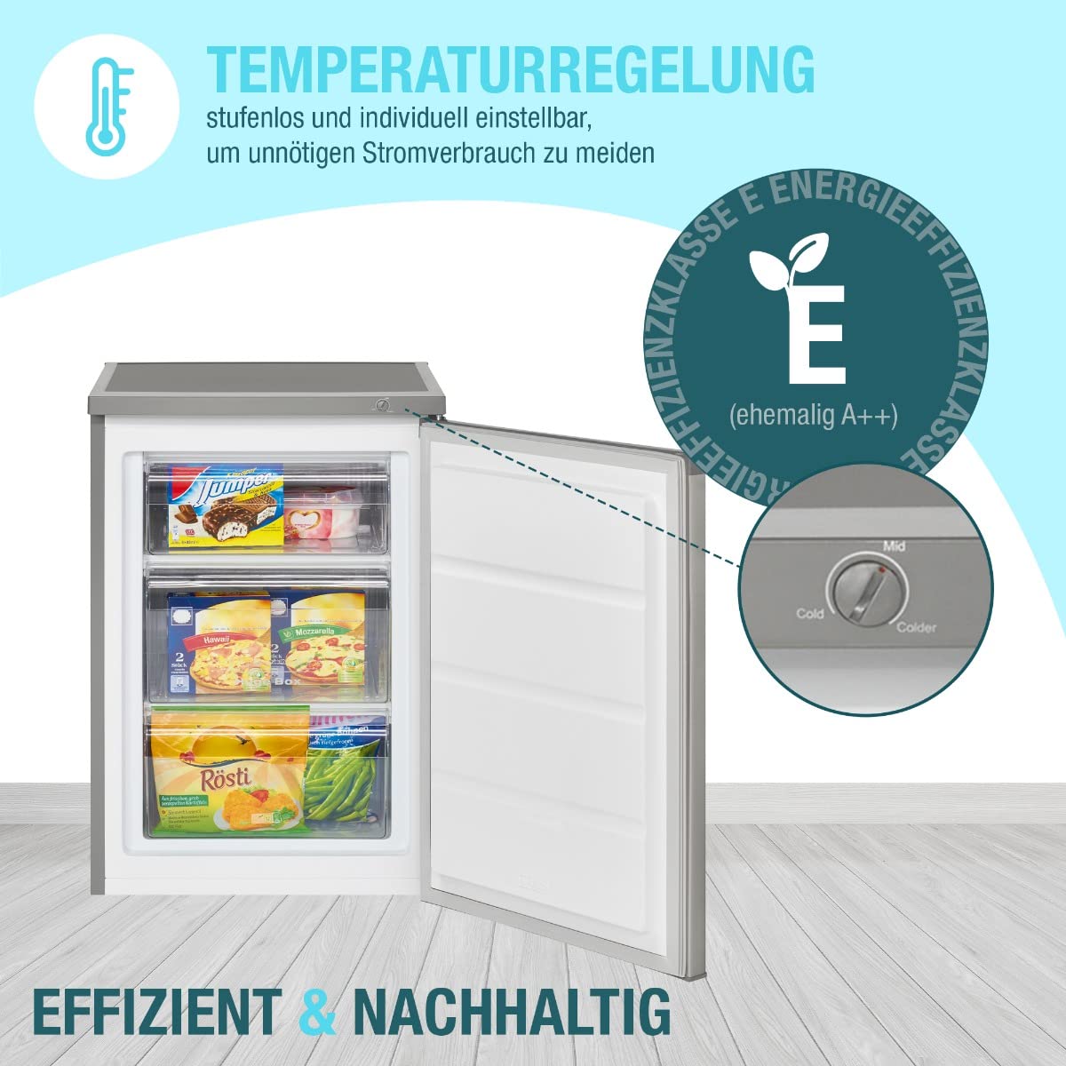 Bomann Congélateur 85L inox GS2186-1-inox, Congélateur autonome d'une capacité nette de 85 litres, pose libre, Éclairage intérieur à LED, Température réglable, silencieux, economique congélateur E