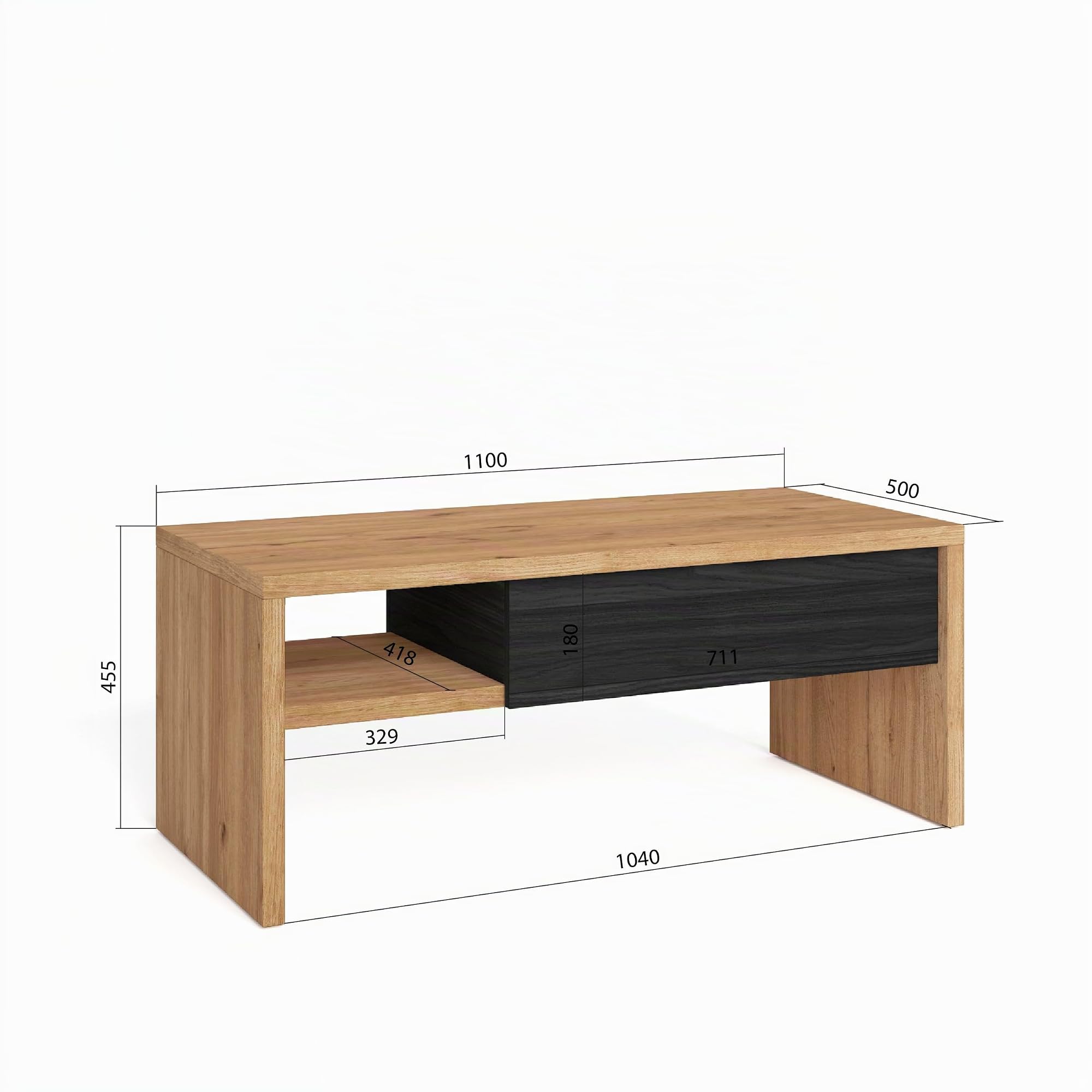 Skraut Home | Mesa de Centro Elevable | Mesa Auxiliar Salón Comedor | 110x50x45 cm | Mesa de Comedor | Estilo Moderno | Roble y Negro