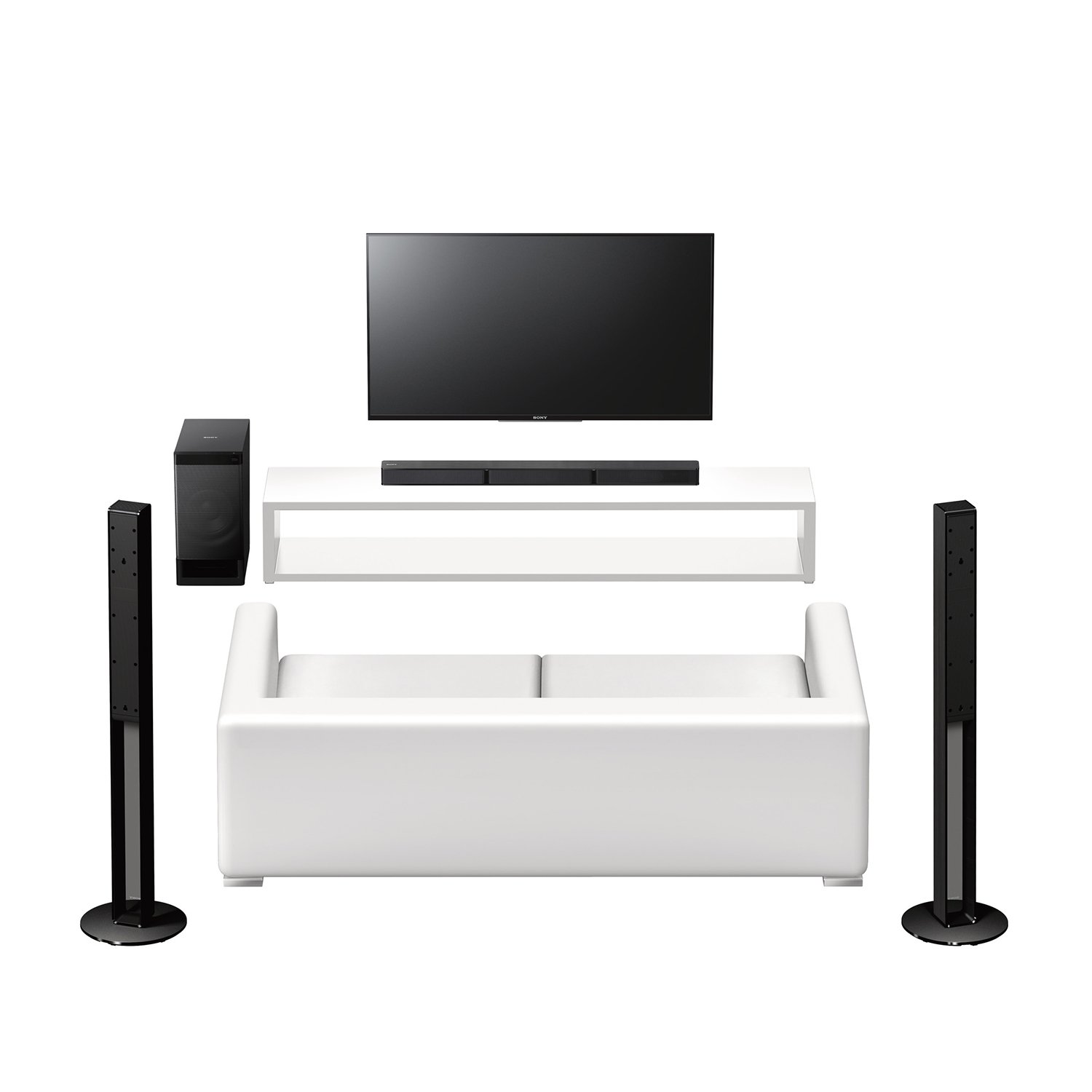 All components of the Sony HT-RT40 Home Theatre System laid out on a white background.