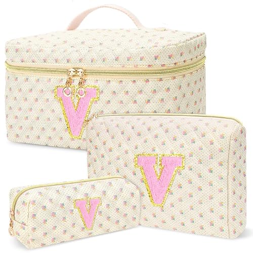 3 PCS Travel Makeup Bag Set, A–Z Initials Cotton Quilted Cosmetic Bag for Women & Preppy, Personalized Toiletry Bag Travel Accessories Makeup Brushes Organizer, Birthday Gift for Her (V, Flower)