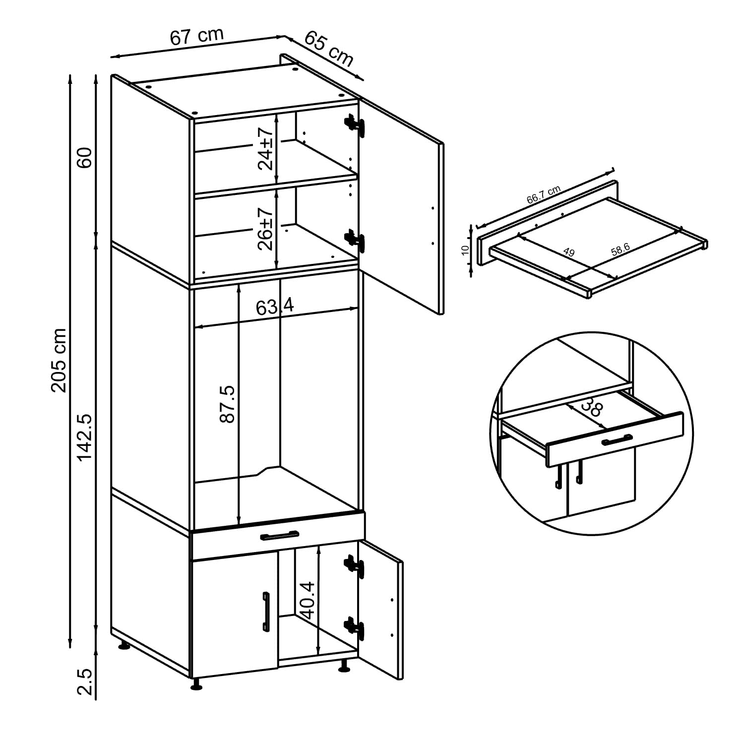 ROOMART , Armoire de machine à laver avec support d'armoire et planche à rallonge, blanc, chêne noir, superstructure de machine à laver (armoire + insert (62 cm), chêne)