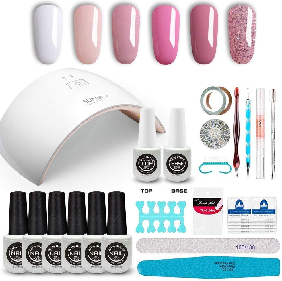 GirlyDream Gel Nail Polish Set Top Base Coat 6 Color Nail Polish SUN9C Plus 36W Fast Curing LED Nail Lamp Complete Manicure Tools New Starter Nail Art Tool Kit #014