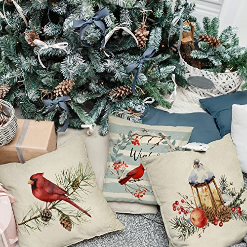 Fjfz Winter Vibes Cardinal Red Birds Decorative Throw Pillow Cover 18X18 Set Of 4, Berry Wreath Pine Cones Kerosene Lamp Striped Home Decoration Sign, Snow Farmhouse Cushion Case For Sofa Couch Decors #TOP6