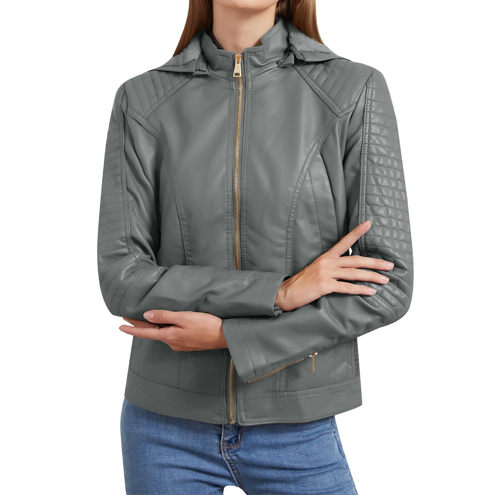 Générique Blouson Cuir Biker Revers Veste Motard Femme Jacket Bombers Aviateur Léger Manteau Moto Printemps/Automne Veste Zippée Femme Sport Veste Femme Rose