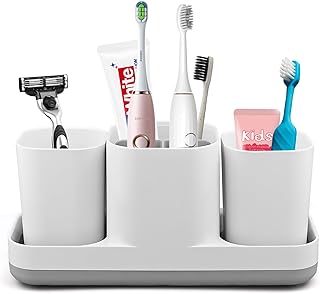 Toothbrush Holder with Tumblers Set, Multifunctional Electric Toothbrush Holder, Toothbrush Caddy Toothpaste Razors Stand for Bathroom Countertop 3 Compartment Storage Box (White)