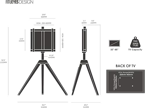 Miniatura 16 de FITUEYES Picasso - Soporte esquinero de TV para pantallas LCD LED de 32 a 65 pulgadas, caballete de trípode, soporte de TV moderno giratorio
