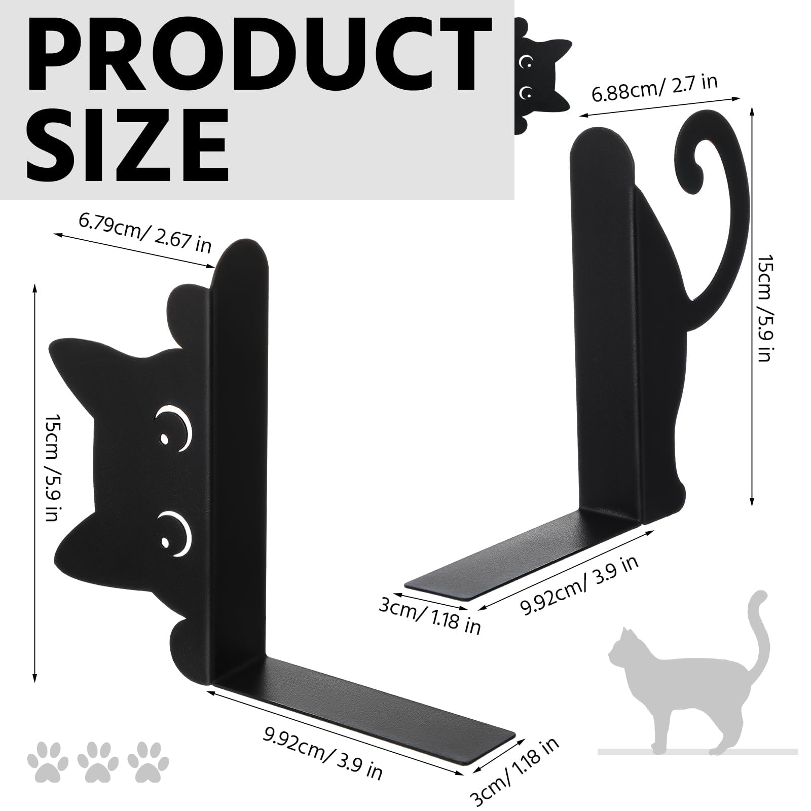 Fermalibri in Metallo Hidden Cat Nero, Fermalibri Decorativi Antiscivolo a Forma di Gatto per Libreria