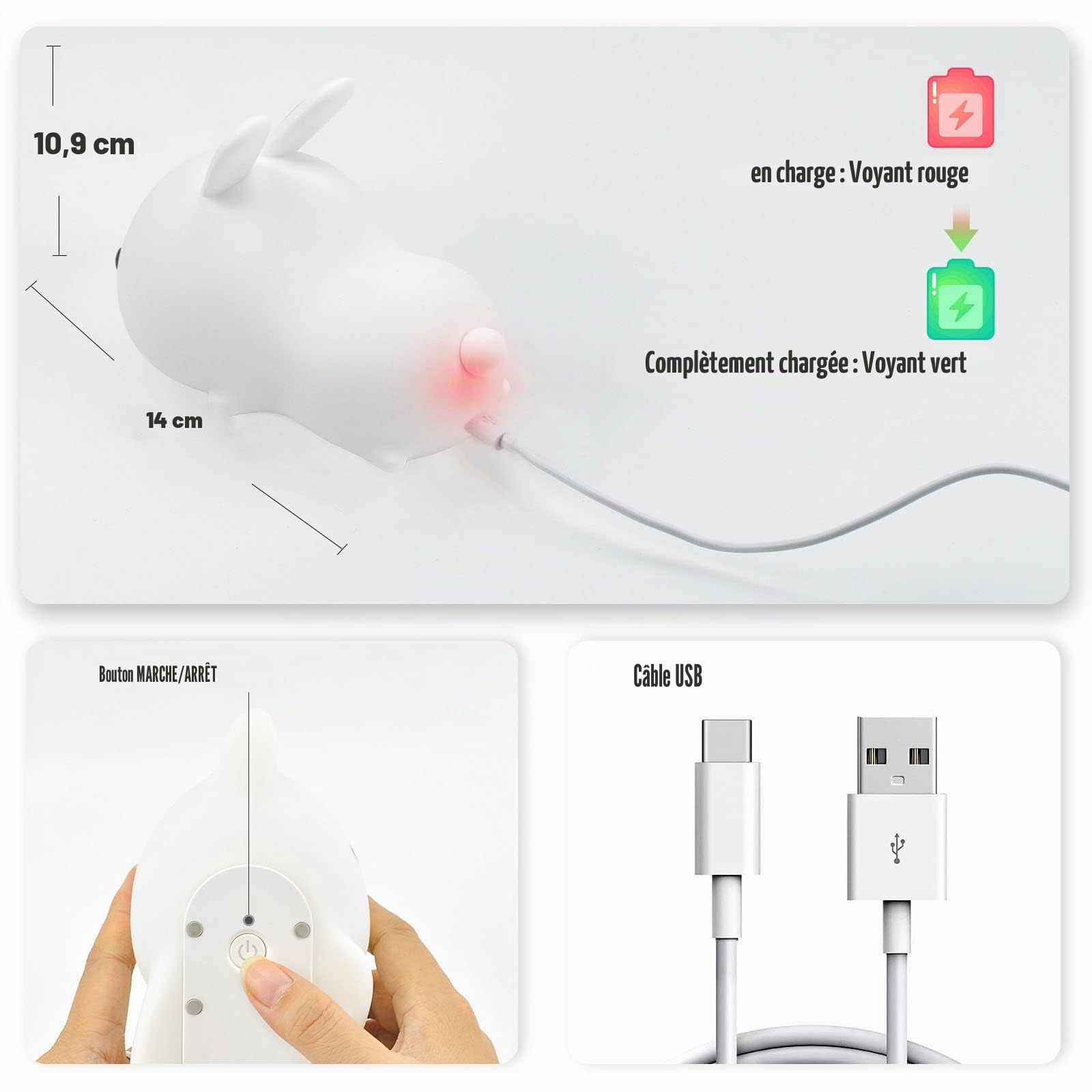 YOTOZU Jolie Veilleuse En Forme De Lapin Rechargeable Par Usb Avec Capteur Tactile Et Télécommande 4 Modes 16 Couleurs Pour Filles, Enfants, Tout-petits, Bébés Et Enfants Cadeau De Noël(Télécommande)