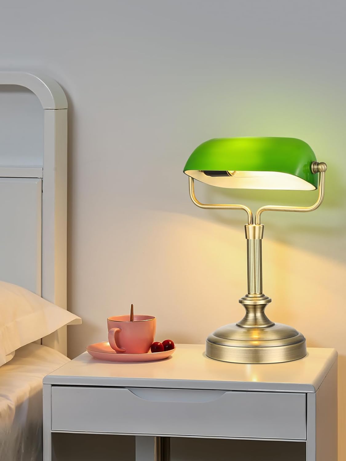 Vintage Banker Lamp, Green Glass, Touch Control, 3-Way Dimmable, LED 6W, Brass Finish (Antique Brass+Green+Touch)