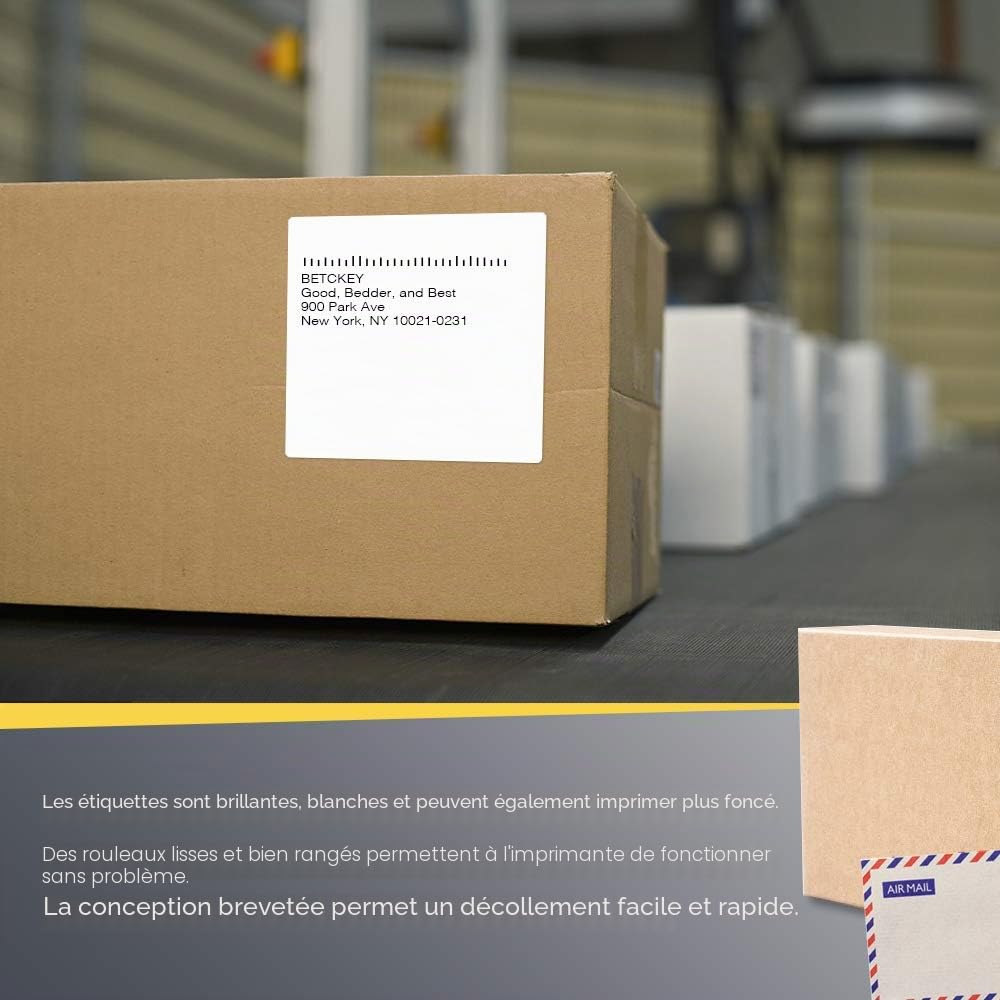 BETCKEY - 102mm x 102mm(4 in x 4 in) Perforées Étiquettes Thermiques pour Expédition et Carrées de Grande Taille Compatible avec les imprimantes Zebra et autres [10 Rouleaux/3500 Étiquettes]