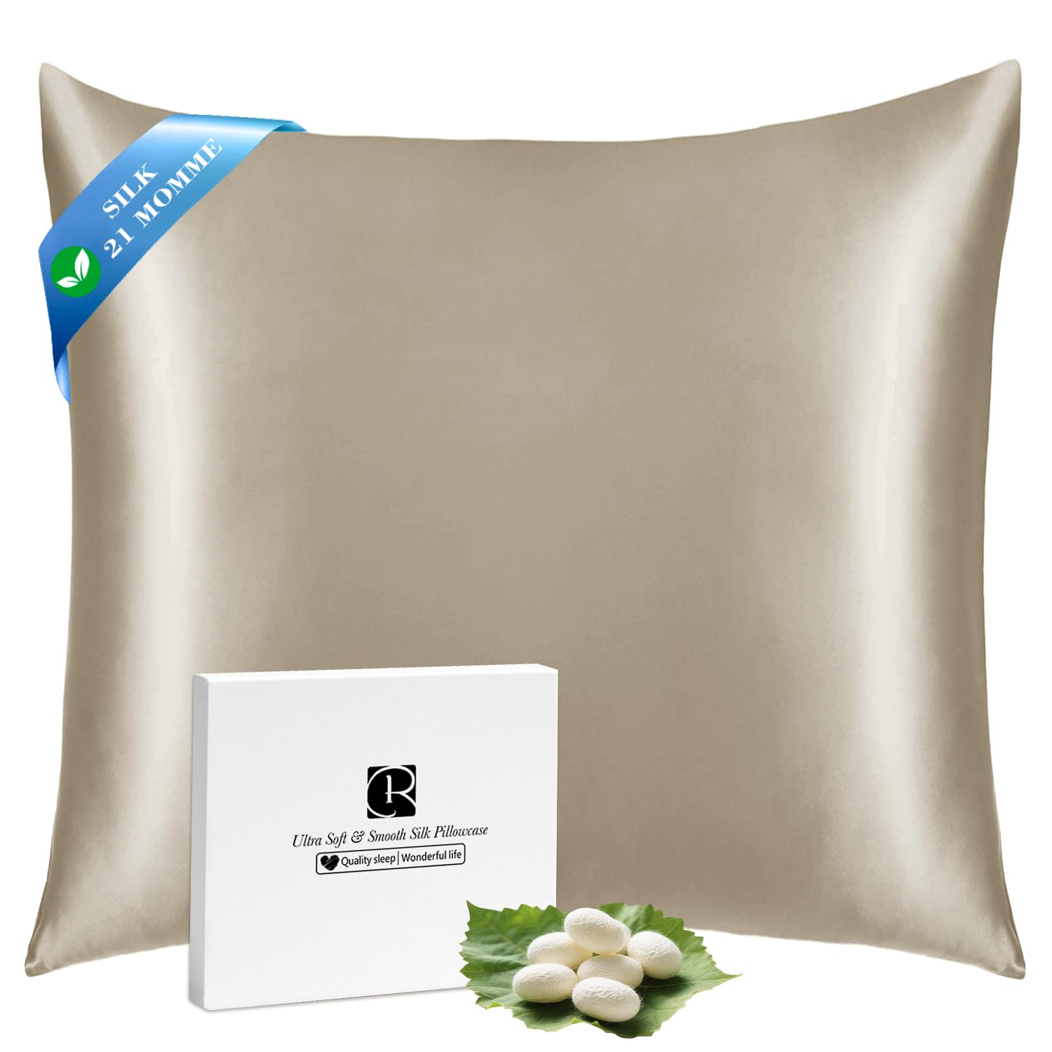 Taie d'oreiller en soie naturelle mûrier 21 Momme Ravmix Taupe 80x80 cm