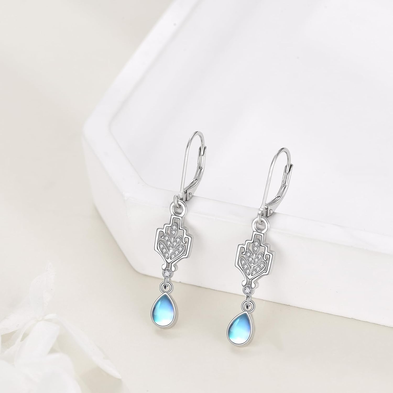Moonstone Drop Earrings for Women Girls 925 Sterling Silver Leaf Cubic Zirconia Earrings Teardrop Moonstone Jewelry Gift - Image 3