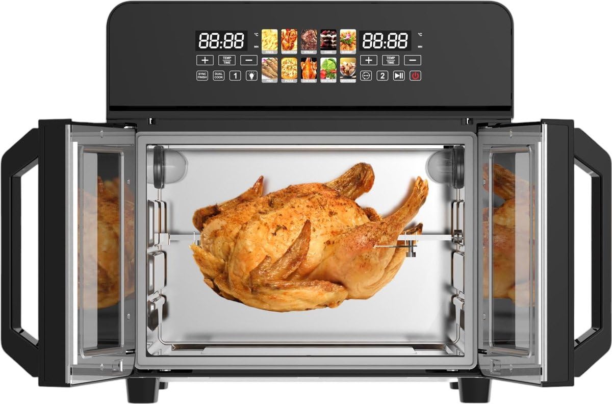 Royal Swiss - Horno eléctrico de aire, aire Fryer XXL de 23 litros, gran capacidad, pantalla LED, 1800 W, aspersión, doble puerta, temporizador y regulador de temperatura, accesorios incluidos
