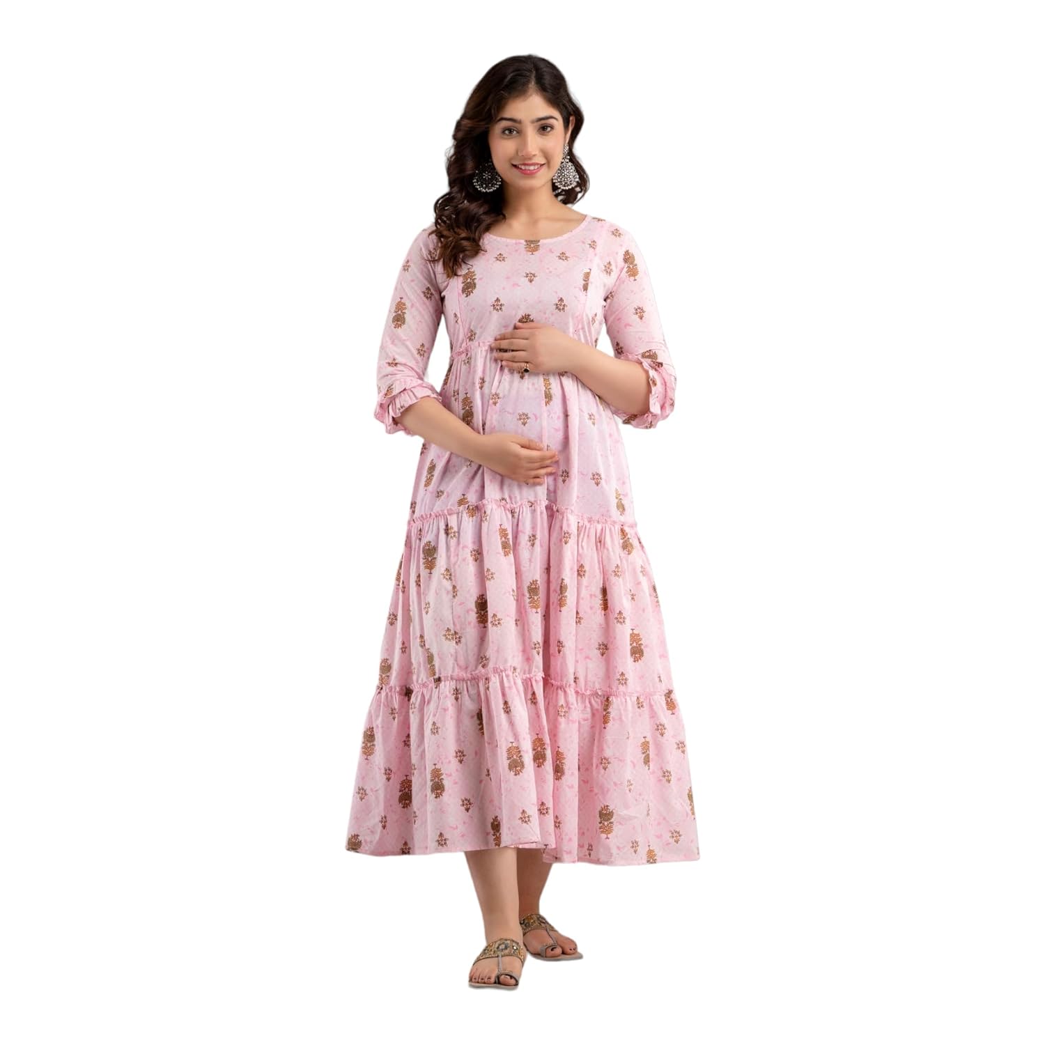 Henal Women’s Cotton Maternity Gown – Long Sleeve Dual Zipped Nursing & Feeding Pregnancy Comfort Dress