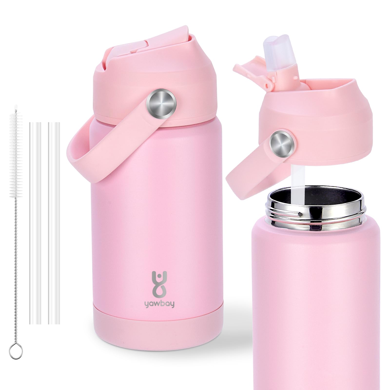 Kids Water Bottle for School 12 oz,Stainless Steel Insulated Water Bottles,Pink Water Bottles for Toddler Girls Boys with Straw Lids & Handle