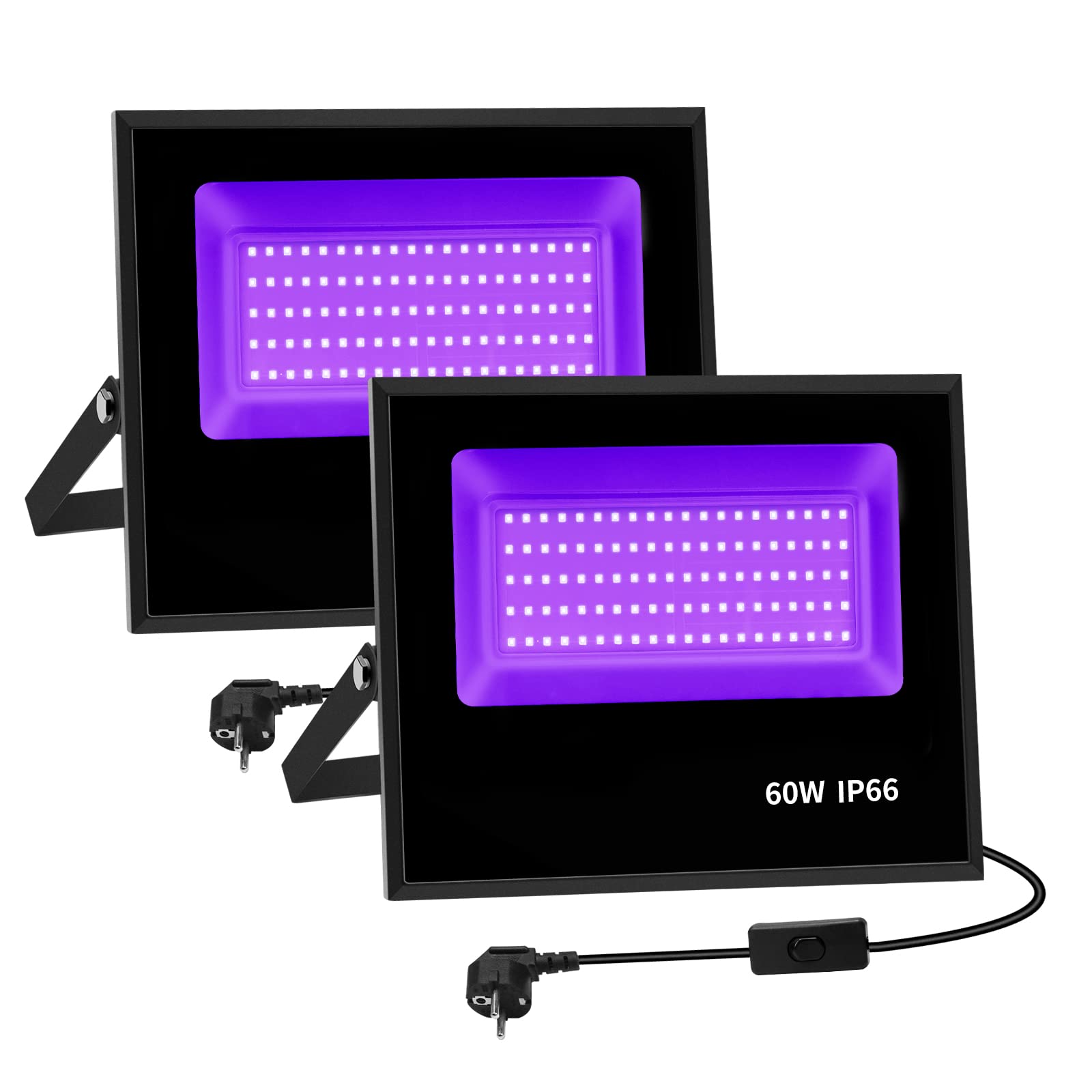 2X Proyector LED negro UV 60W IP66 impermeable con 100 LED de aleación de aluminio para decoración de Halloween, concierto, bar, colores neón