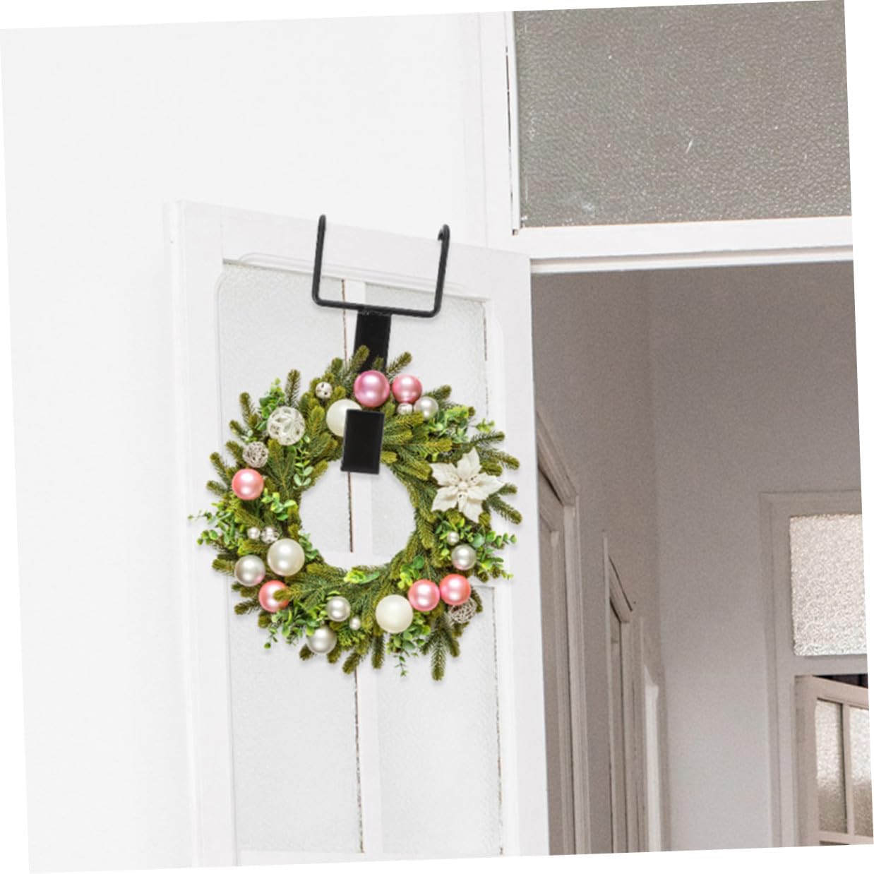 4pcs Black Cast Iron Over Door Wreath Hangers with Double Hooks, Front Door Garland Hanger for Christmas Decorations and Holiday Wreaths