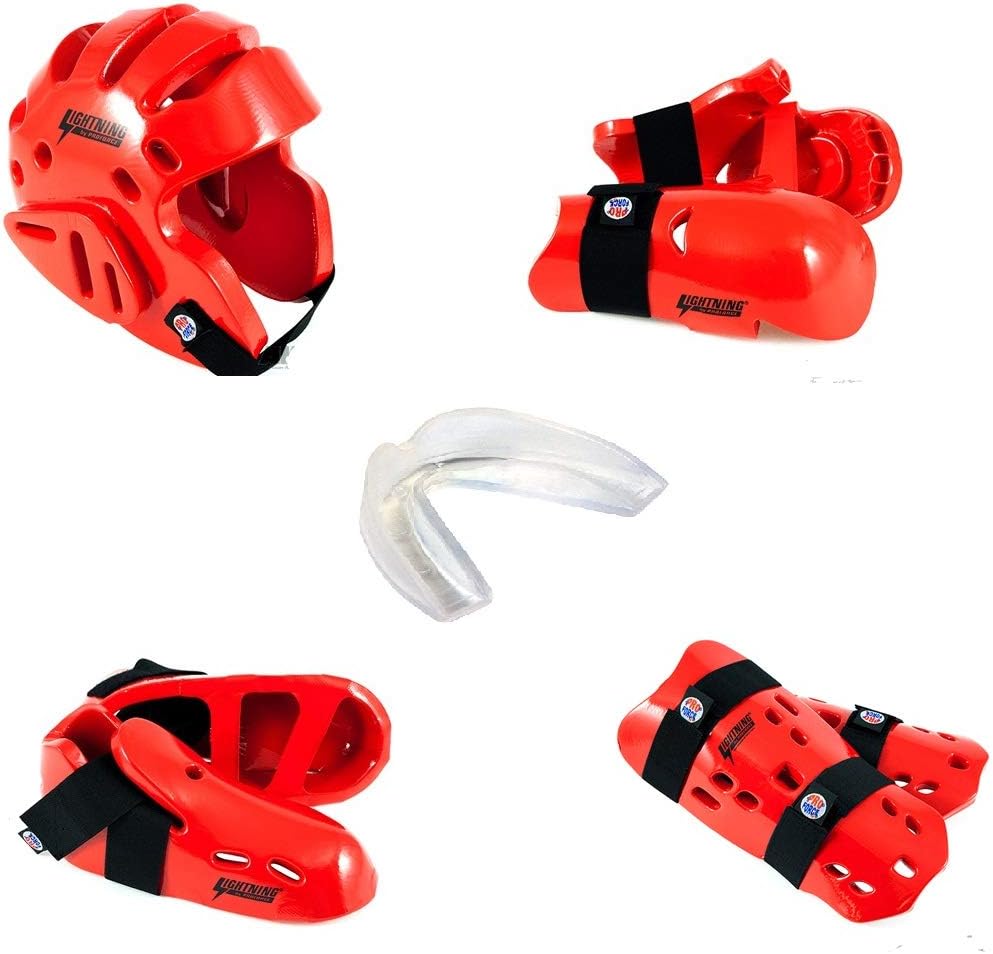 Lightning 8 Piece Deluxe Gear Set w/Shin Guards & Free Mouthpiece (Red, Child Large)