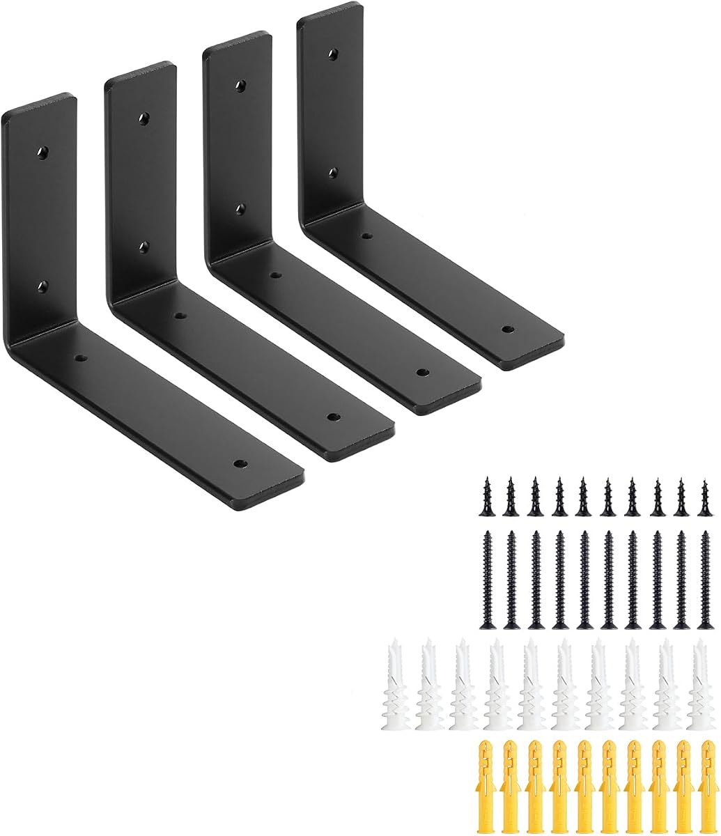 Soportes en L para estante flotante de alta resistencia de 6", acero de 160 libras, paquete de 4 negros | Acero extragrueso de 0,2", una sola pieza sin soldadura. Negro resistente al óxido. Baño, cocina, estanterías pequeñas. Hardware incluido.