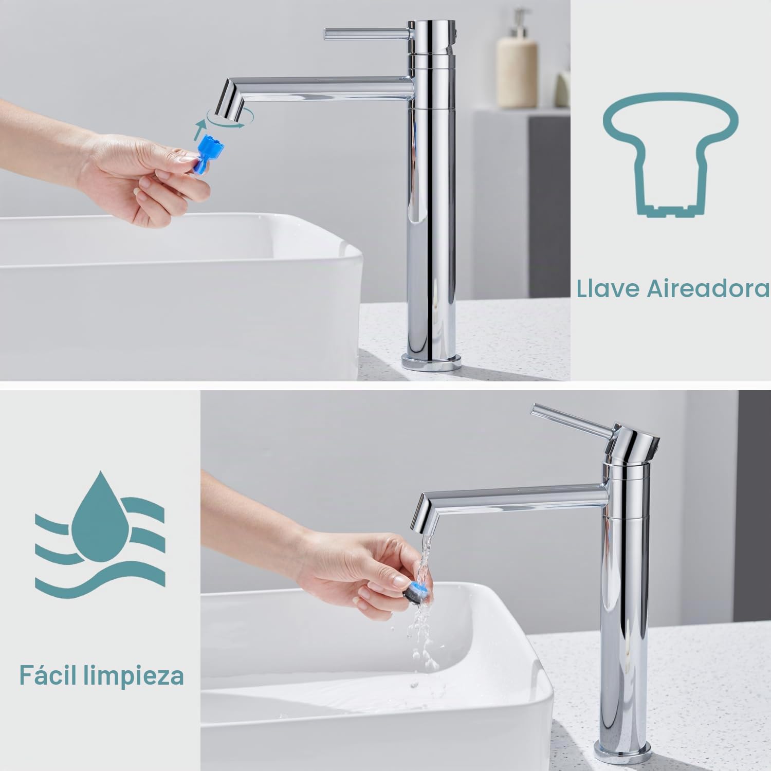 Ulytid Grifo Lavabo Alto Cromado, Grifo de Baño Giratorio de 360° para Lavabos Elevados, Mezclador Monomando de Acero Inoxidable 304 con Altura Del Caño de 204 mm, Agua Fria y Caliente Disponible