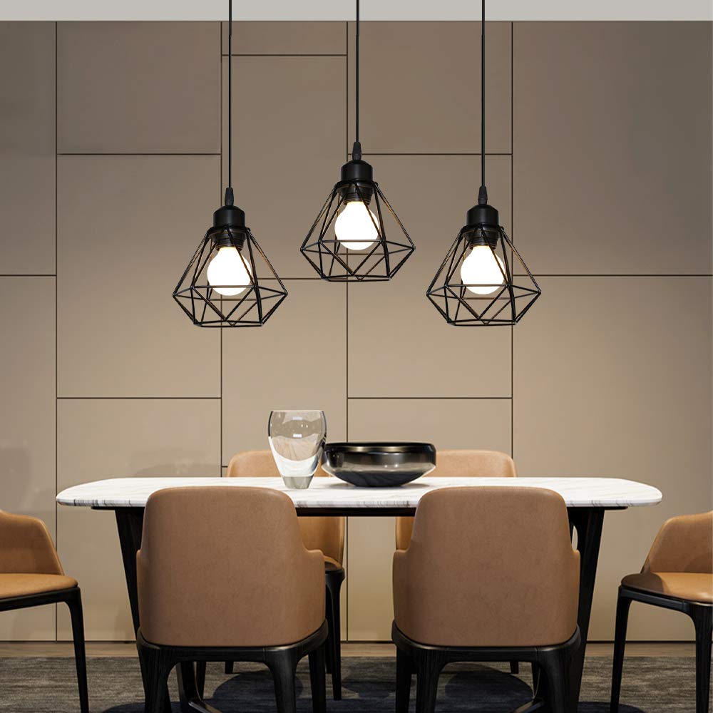Lampara Colgante E27 Vintage Industrial Lámpara de Techo Colgante Negro Retro 3 Luces Iluminación Para Cocina Comedor Sala de estar (16cm-con barra)