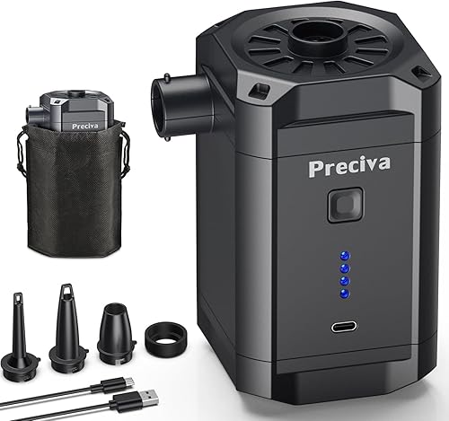 Miniatura 1 de Preciva Bomba de aire eléctrica para inflables, bomba de aire portátil de 4 kPa con 3 boquillas, batería recargable de 5200 mAh, carga rápida USB