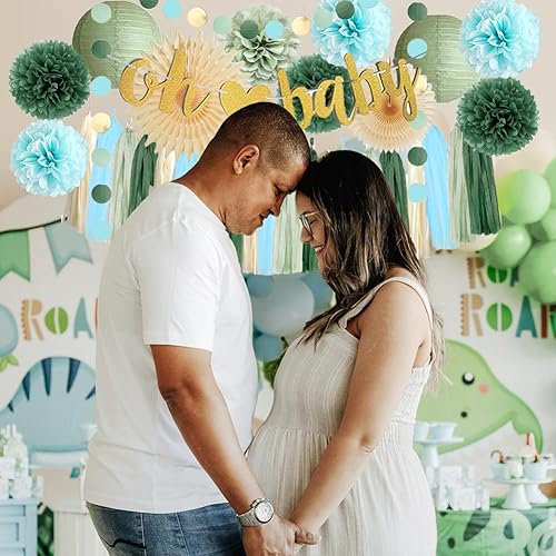 Miniatura 3 de Decoraciones para baby shower con temática de niño verde salvia, azul, verde oliva oscuro, verde salvia y azul claro, decoraciones retro de papel de