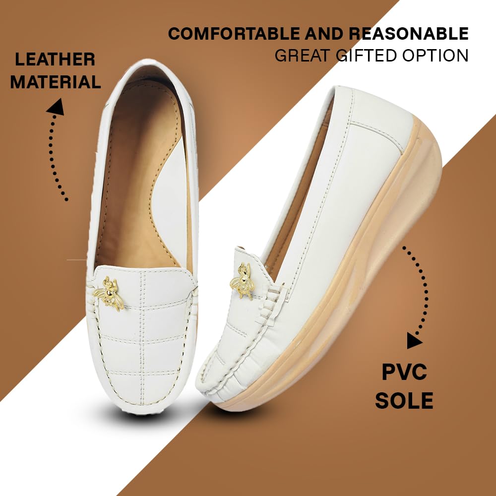 KRAFTER Women's Synthetic Leather Ankle Black Women Comfortable Slip On Flat Loafer Ballet, Casual & Formal Footwear, 5 Uk-M06-Light-White-38 1
