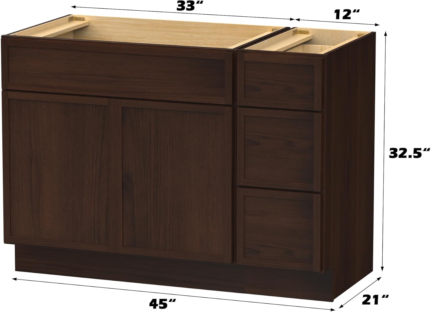 Vanity Art 45 Inch Unassembled Bathroom Vanity Without Top, Wood Bathroom Vanity Cabinet with Soft Closing Shaker Drawer, Sturdy Floor Mounted Cabinet Organizer 2-Door 3-Drawer, VA4145-33-12-3-BR