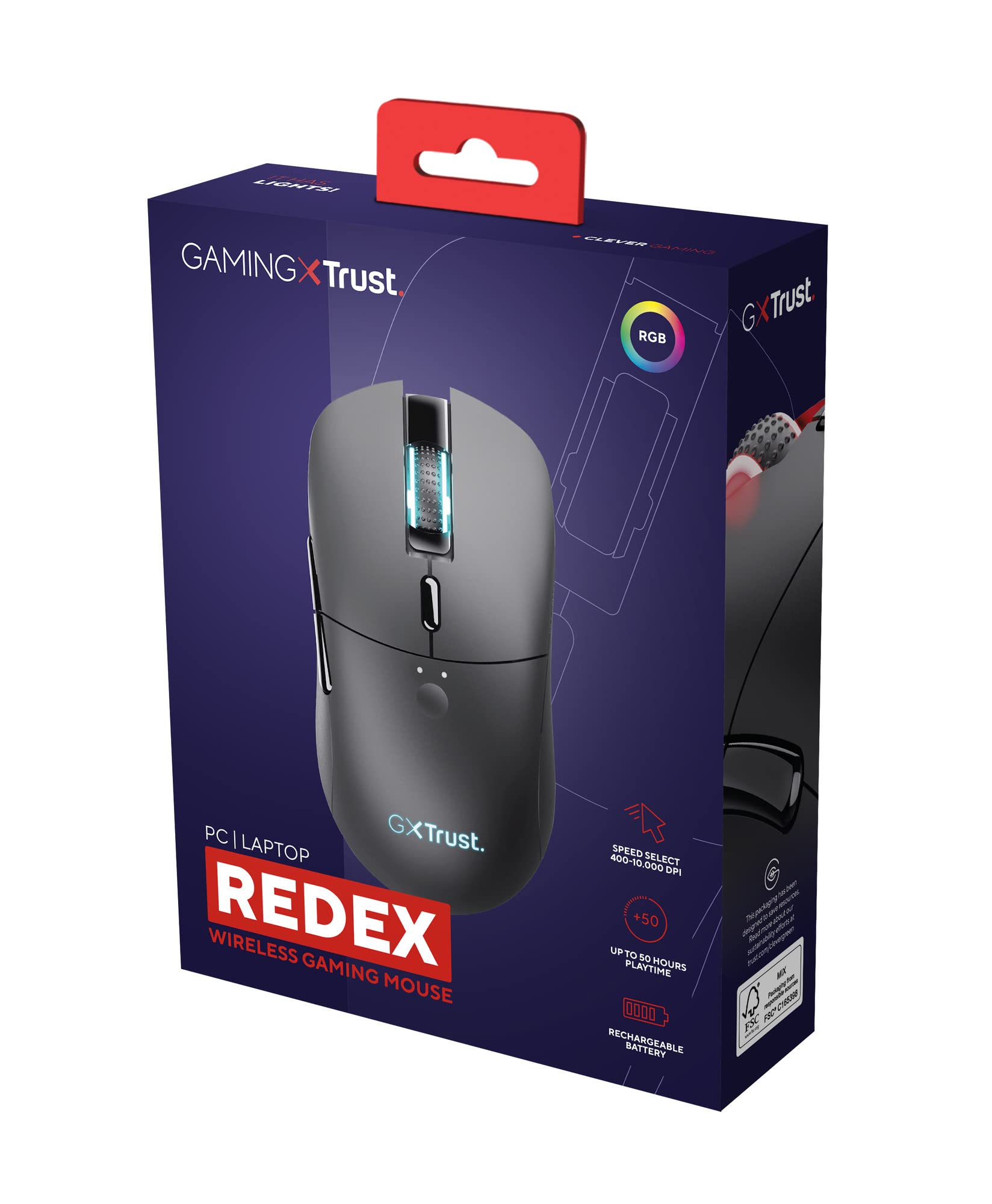 Trust Gaming GXT 980 Redex Mouse Gaming Wireless Ricaricabile, 200-10.000 DPI, RGB, 6 Pulsanti Programmabili, Ricarica via Cavo Type C, per PC, Laptop, Computer - Nero