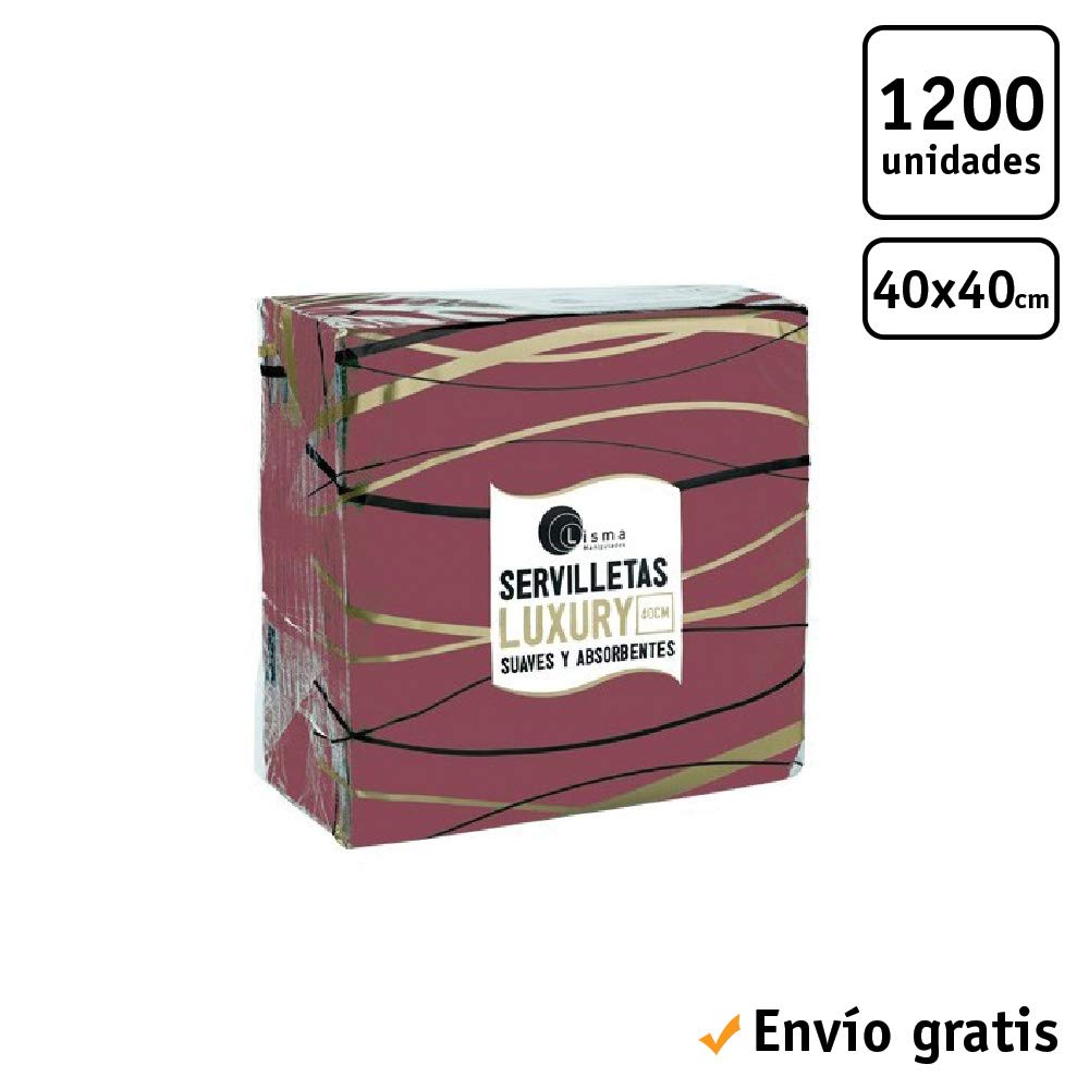 1200 uds - Servilletas de papel 40 x 40 cm cocktail color burdeos - Acabado punta a punta doble capa - Desechables y reciclables.