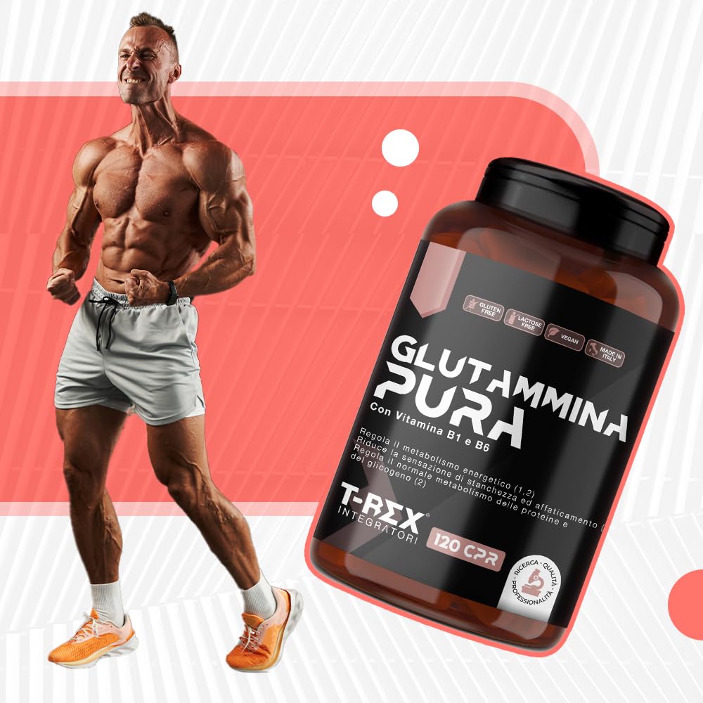 L-Glutammina Pura | Stimola aumento GH ormone della crescita | Diminuisce fatica post allenamento | Integratore di Glutamina Amminoacido Made in Italy | 120 compresse T-Rex Integratori