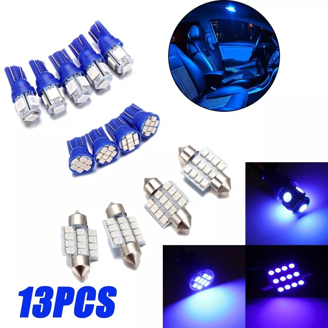 13-Piece Blue LED Bulb Kit: T10 & 31mm Festoon For Car Interior Lights - 8000K Cool Blue