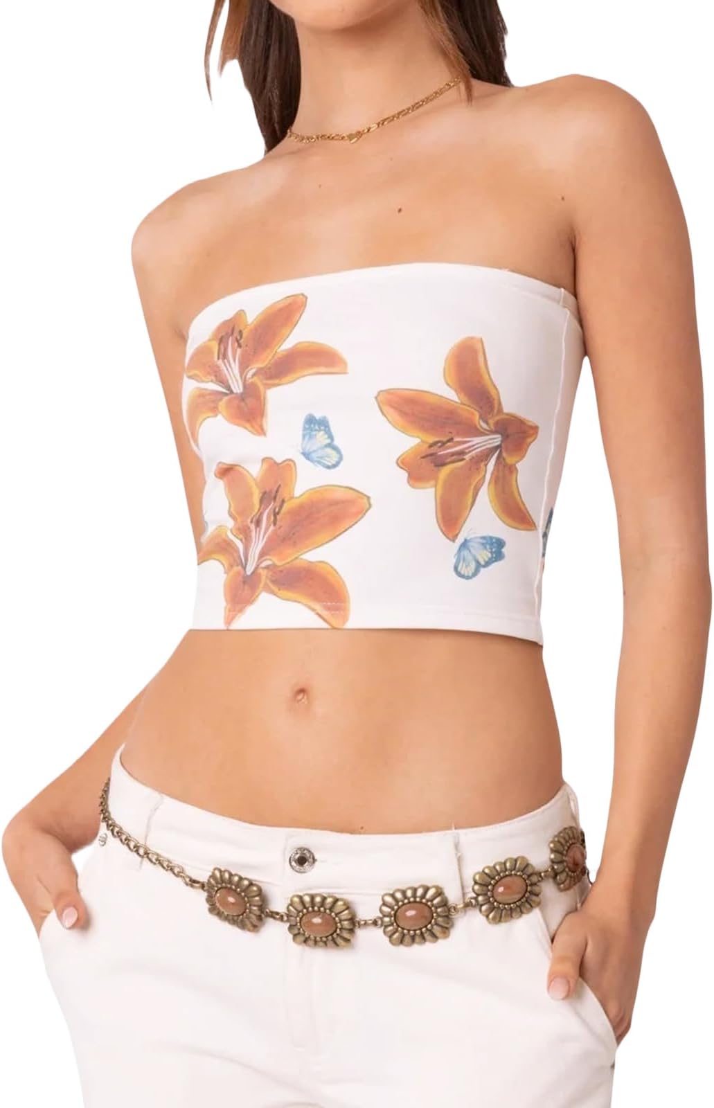 MxiqqpltkyY2k Floral Print Tube Top for Women Strapless Sleeveless Aesthetic Bandeau Top 2000s Slim Fit Summer Crop Tops