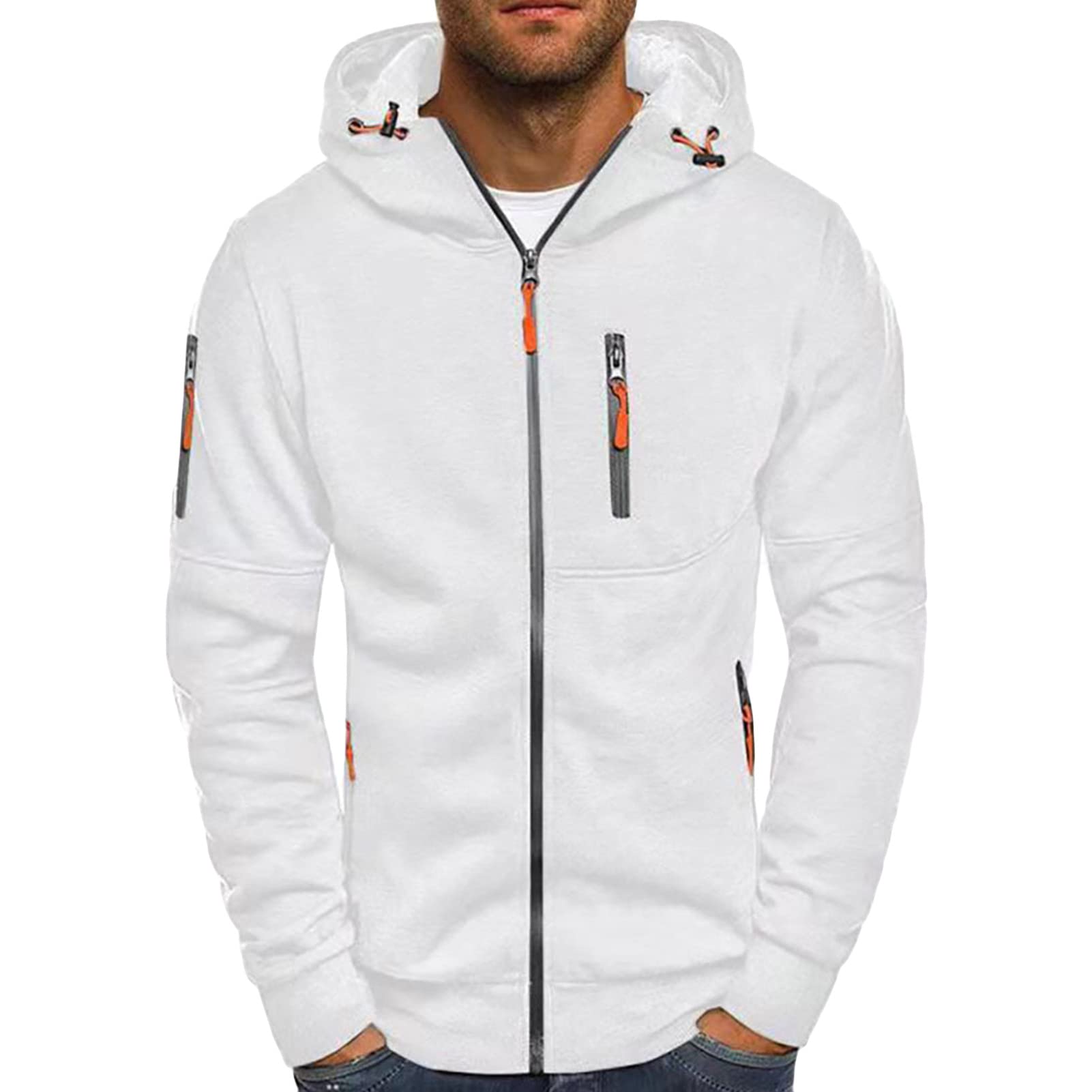 Maiyifu-GJ Fleece Hoodies for Men Long Sleeve Full Zip Up Sports Sweatshirt Lightweight Slim Fit Hoodie with Zip Pockets (White,Small)