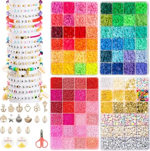 Goldwise Friendship Bracelet Kit 4 Boxes-13056 Pcs 72 Colors Bracelet Making Kits with Clay Beads 7200 Pcs Glass Seed Beads and 3 Styles Letter Beads with Charms for Bracelet Making Gift